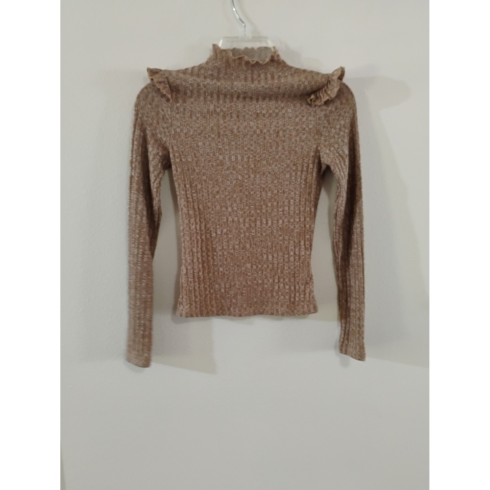Shein Tan Marled Ribbed Mock Neck Ruffle Shoulder Long Sleeve Top Small